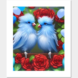 Two Cute Fluffy Blue Valentine Love Birds, Posters and Art